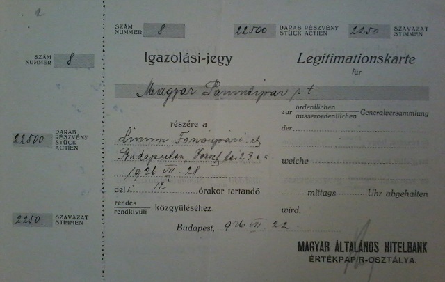 A Magyar Pamutipar Rt. részére kiadott részvényigazolási jegy a Linum Fonóipari Rt. 1926. július 28-án tartandó közgyűlésére